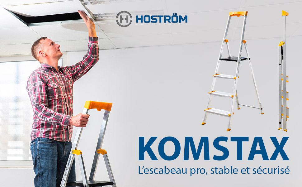 HOSTROM Escabeau 4 marches en aluminium, Escabeau pliable sécurisé, Porte-Outils, Marches extra-large 12cm, Usage Domestique et Pro, Garantie 5 ans