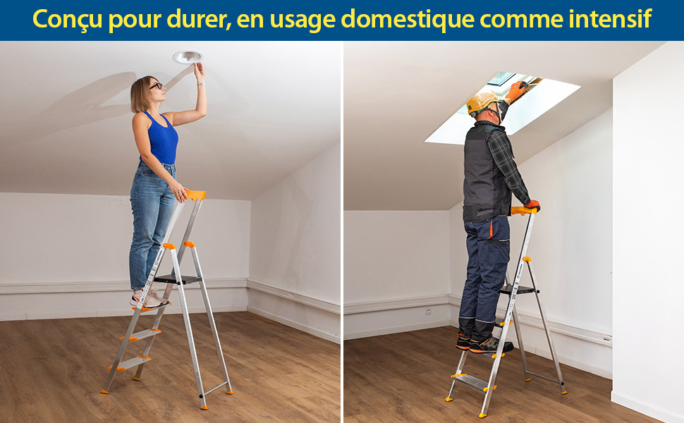 HOSTROM Escabeau 4 marches en aluminium, Escabeau pliable sécurisé, Porte-Outils, Marches extra-large 12cm, Usage Domestique et Pro, Garantie 5 ans