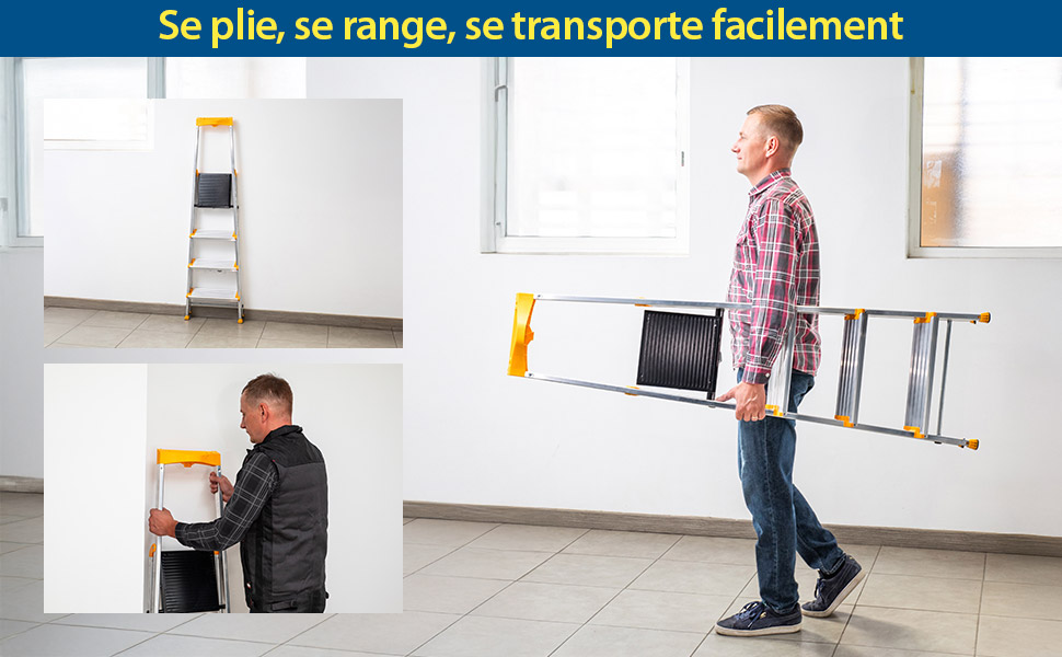 HOSTROM Escabeau 4 marches en aluminium, Escabeau pliable sécurisé, Porte-Outils, Marches extra-large 12cm, Usage Domestique et Pro, Garantie 5 ans