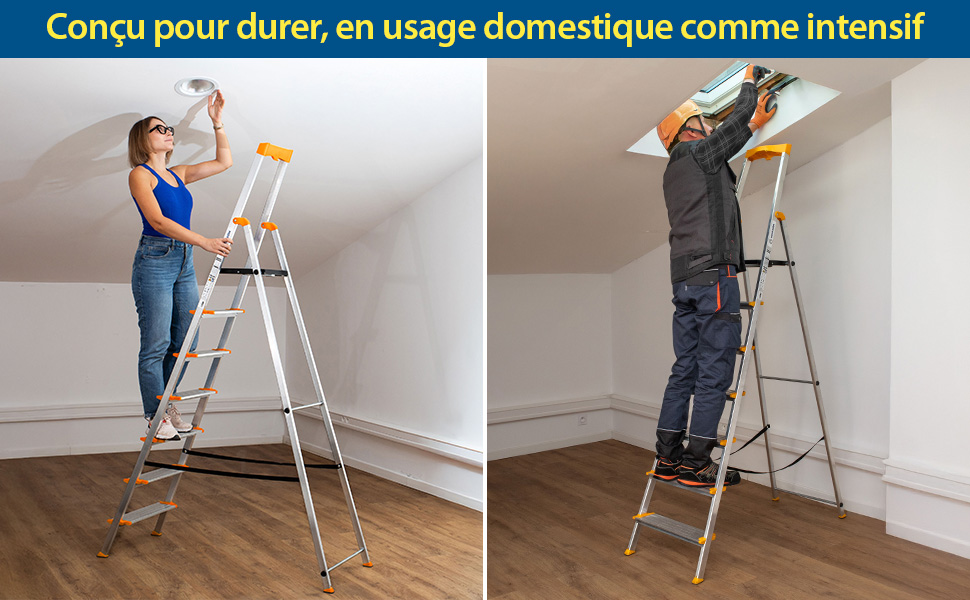 HOSTROM Escabeau 7 marches en aluminium, Escabeau pliable sécurisé, Porte-Outils, Marches extra-large 12cm, Usage Domestique et Pro, Garantie 5 ans