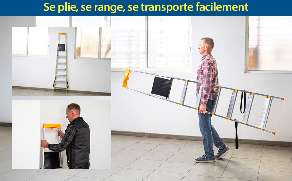 HOSTROM Escabeau 7 marches en aluminium, Escabeau pliable sécurisé, Porte-Outils, Marches extra-large 12cm, Usage Domestique et Pro, Garantie 5 ans