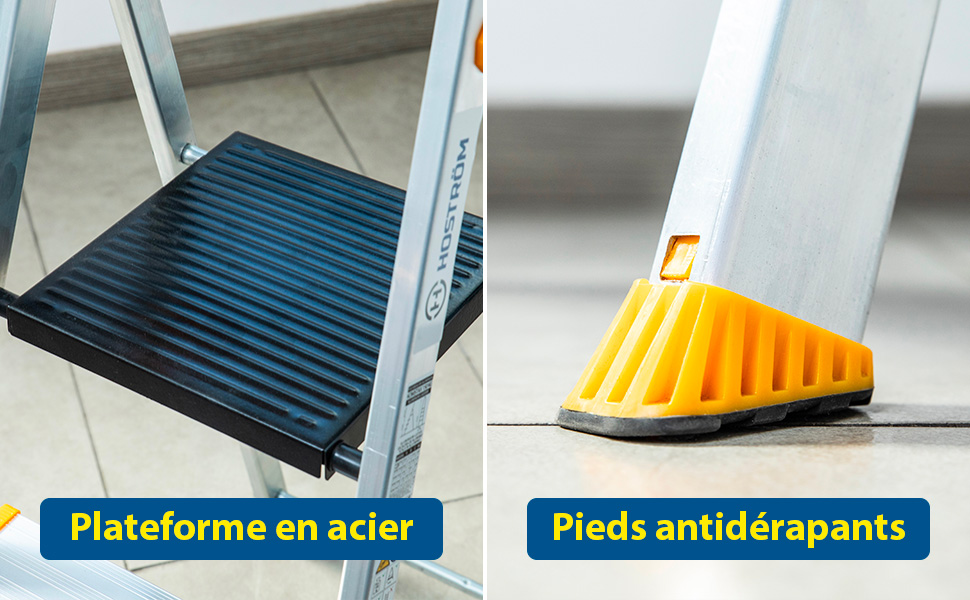 HOSTROM Escabeau 7 marches en aluminium, Escabeau pliable sécurisé, Porte-Outils, Marches extra-large 12cm, Usage Domestique et Pro, Garantie 5 ans