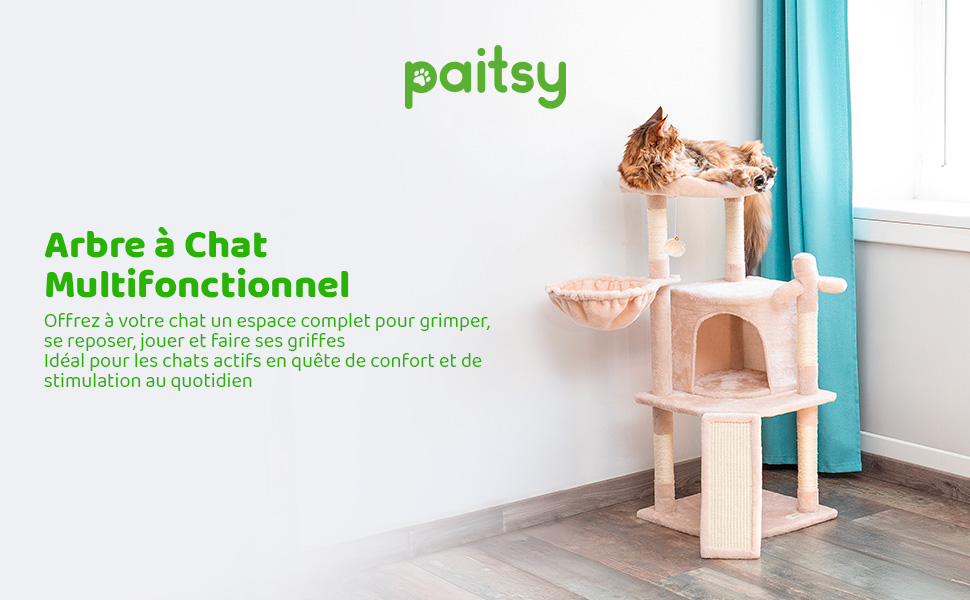 Arbre a chat, Griffoir pour chat, 1 Perchoir, 1 Niche, 1 Hamac, 1 Balle, Colonnes en Sisal, Peluche, Multi-niveaux Tour, Hauteur 106cm, beige, PAITSY