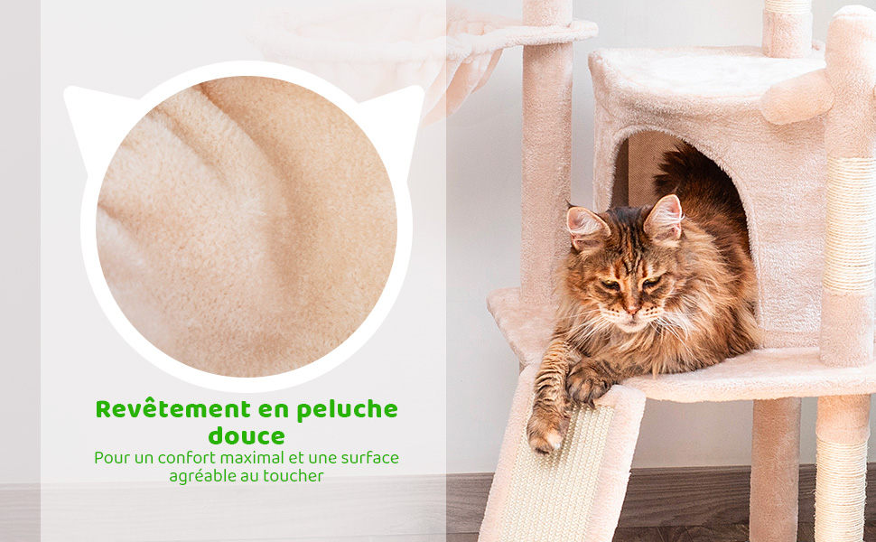 Arbre a chat, Griffoir pour chat, 1 Perchoir, 1 Niche, 1 Hamac, 1 Balle, Colonnes en Sisal, Peluche, Multi-niveaux Tour, Hauteur 106cm, beige, PAITSY