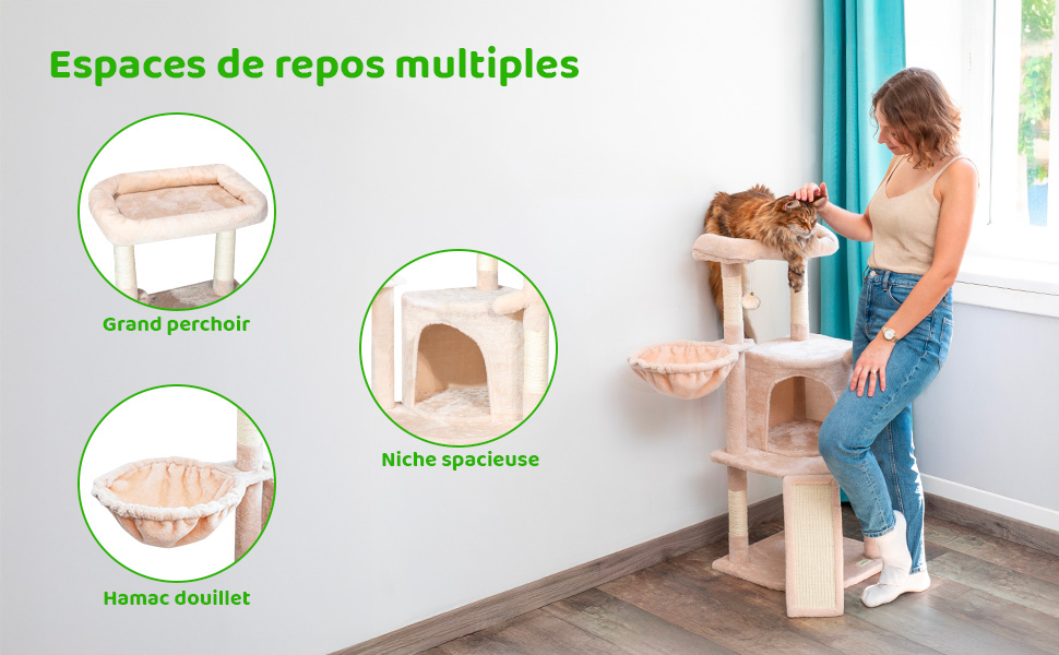 Arbre a chat, Griffoir pour chat, 1 Perchoir, 1 Niche, 1 Hamac, 1 Balle, Colonnes en Sisal, Peluche, Multi-niveaux Tour, Hauteur 106cm, beige, PAITSY