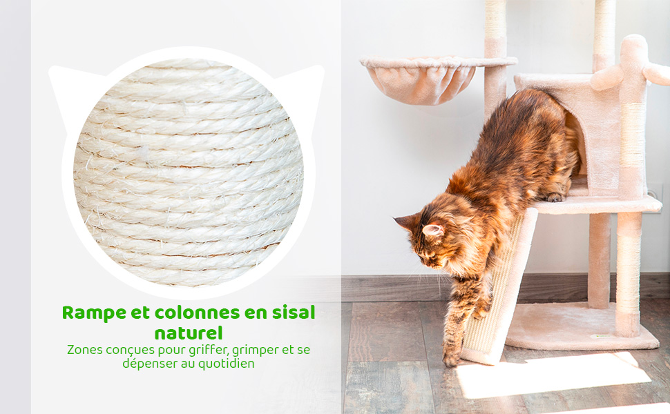 Arbre a chat, Griffoir pour chat, 1 Perchoir, 1 Niche, 1 Hamac, 1 Balle, Colonnes en Sisal, Peluche, Multi-niveaux Tour, Hauteur 106cm, beige, PAITSY