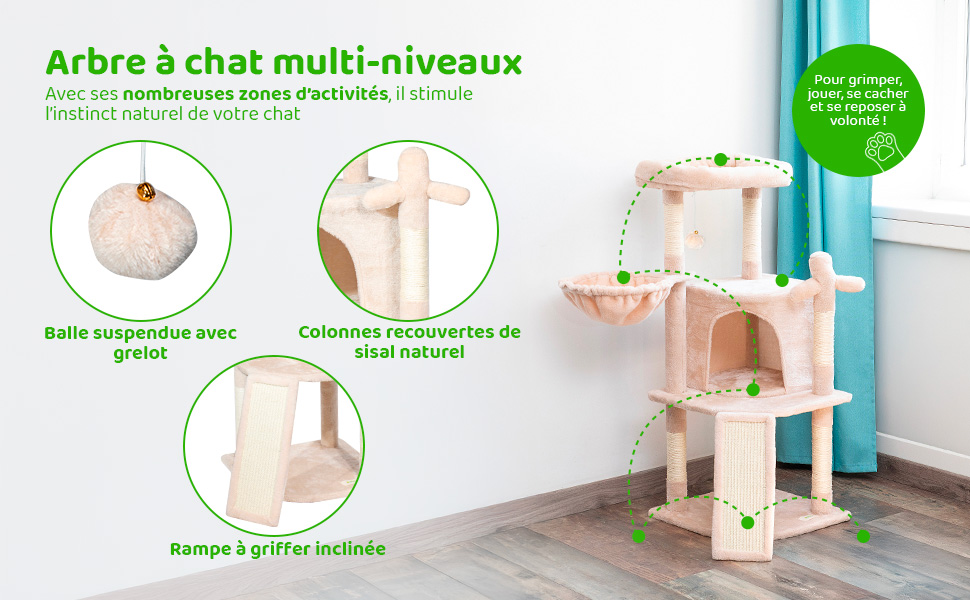 Arbre a chat, Griffoir pour chat, 1 Perchoir, 1 Niche, 1 Hamac, 1 Balle, Colonnes en Sisal, Peluche, Multi-niveaux Tour, Hauteur 106cm, beige, PAITSY