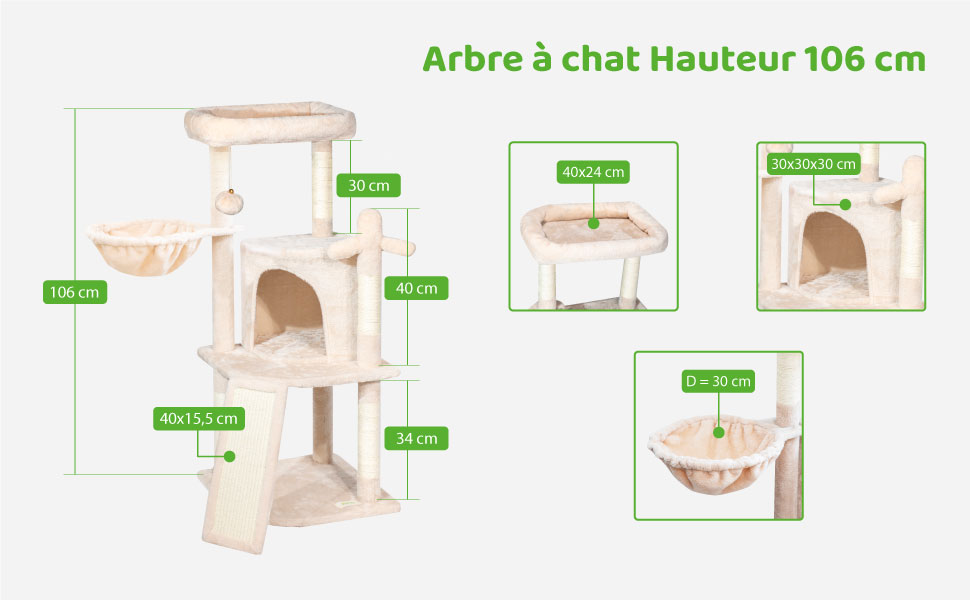 Arbre a chat, Griffoir pour chat, 1 Perchoir, 1 Niche, 1 Hamac, 1 Balle, Colonnes en Sisal, Peluche, Multi-niveaux Tour, Hauteur 106cm, beige, PAITSY