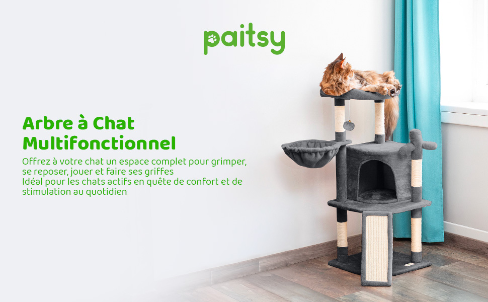Arbre a chat, Griffoir pour chat, Perchoir, Niche, Hamac, 1 Balle, Colonnes en Sisal, Peluche, Multi-niveaux Tour, Hauteur 106cm, gris foncé, PAITSY