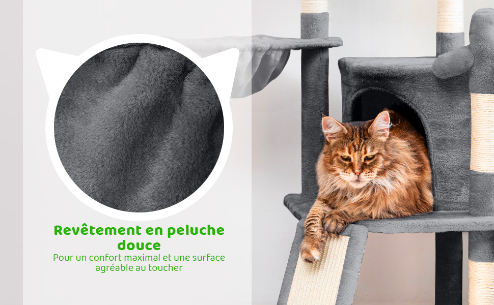 Arbre a chat, Griffoir pour chat, Perchoir, Niche, Hamac, 1 Balle, Colonnes en Sisal, Peluche, Multi-niveaux Tour, Hauteur 106cm, gris foncé, PAITSY