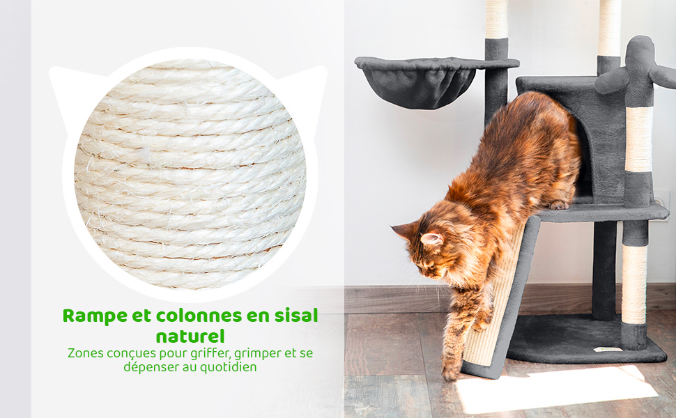 Arbre a chat, Griffoir pour chat, Perchoir, Niche, Hamac, 1 Balle, Colonnes en Sisal, Peluche, Multi-niveaux Tour, Hauteur 106cm, gris foncé, PAITSY