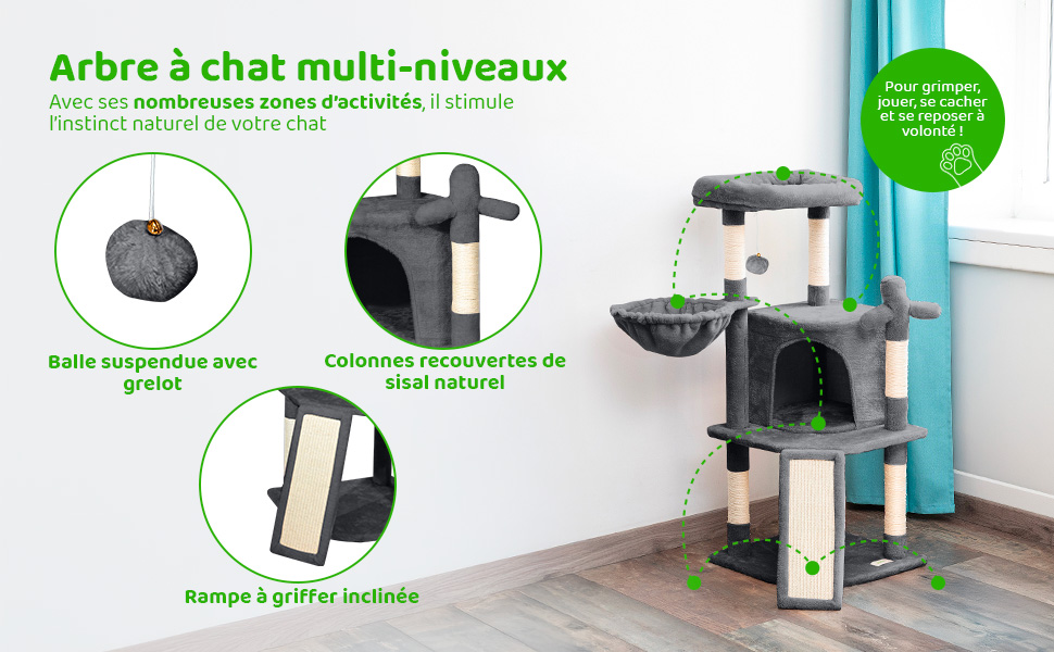 AArbre a chat, Griffoir pour chat, Perchoir, Niche, Hamac, 1 Balle, Colonnes en Sisal, Peluche, Multi-niveaux Tour, Hauteur 106cm, gris foncé, PAITSY