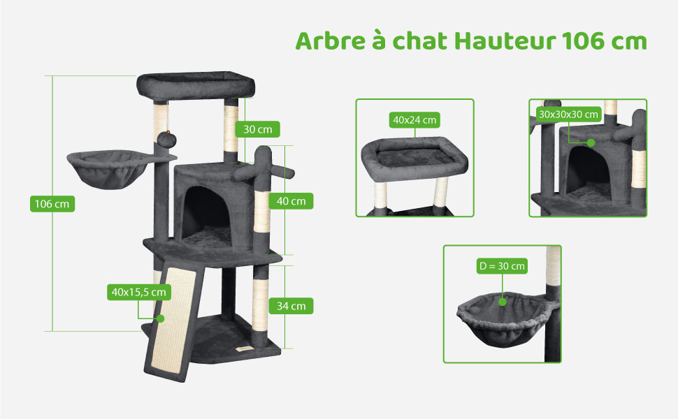 Arbre a chat, Griffoir pour chat, Perchoir, Niche, Hamac, 1 Balle, Colonnes en Sisal, Peluche, Multi-niveaux Tour, Hauteur 106cm, gris foncé, PAITSY