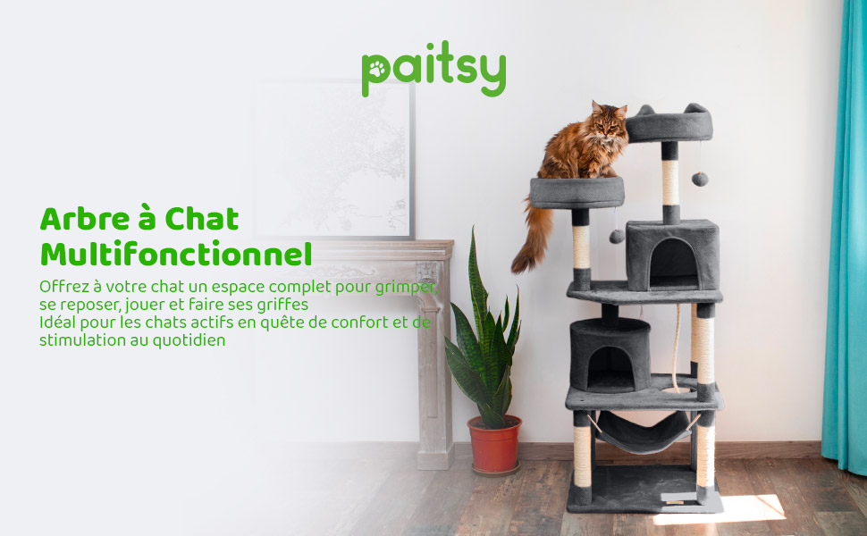 Arbre a chat, Griffoir pour chat, Perchoirs, Niches, Hamac, Balles, Colonnes en Sisal, Peluche, Multi-niveaux Tour, Hauteur 158 cm, gris foncé, PAITSY