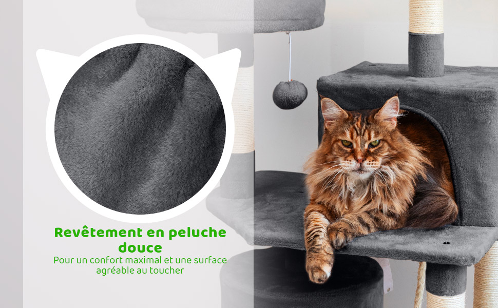 Arbre a chat, Griffoir pour chat, Perchoirs, Niches, Hamac, Balles, Colonnes en Sisal, Peluche, Multi-niveaux Tour, Hauteur 158 cm, gris foncé, PAITSY