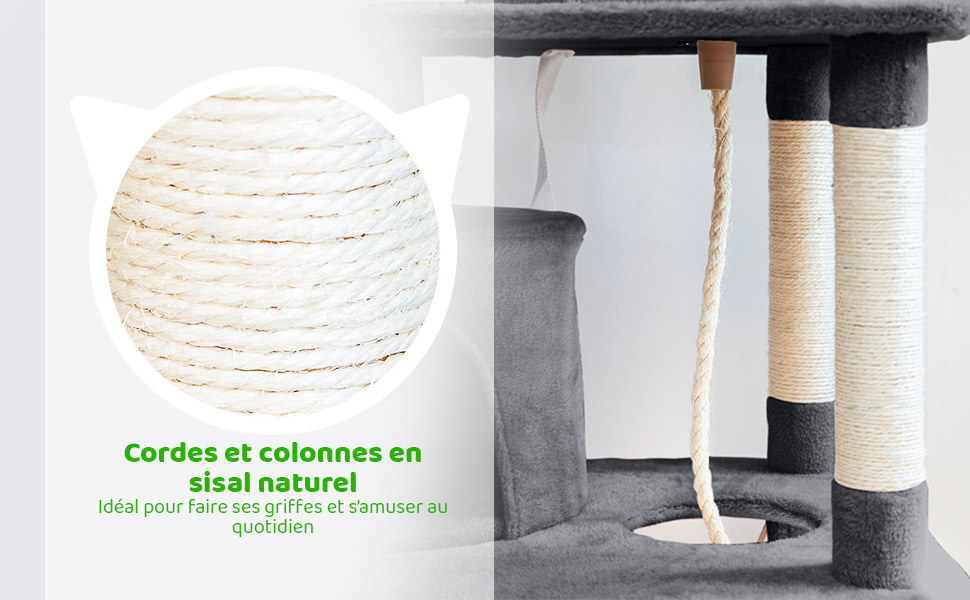 Arbre a chat, Griffoir pour chat, Perchoirs, Niches, Hamac, Balles, Colonnes en Sisal, Peluche, Multi-niveaux Tour, Hauteur 158 cm, gris foncé, PAITSY