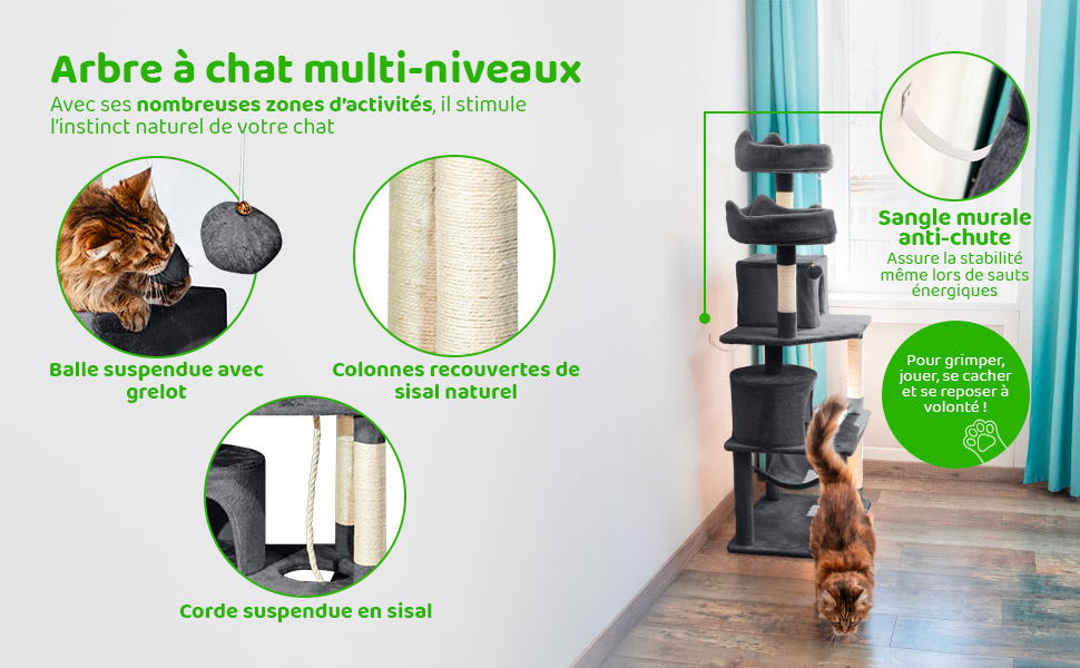 Arbre a chat, Griffoir pour chat, Perchoirs, Niches, Hamac, Balles, Colonnes en Sisal, Peluche, Multi-niveaux Tour, Hauteur 158 cm, gris foncé, PAITSY