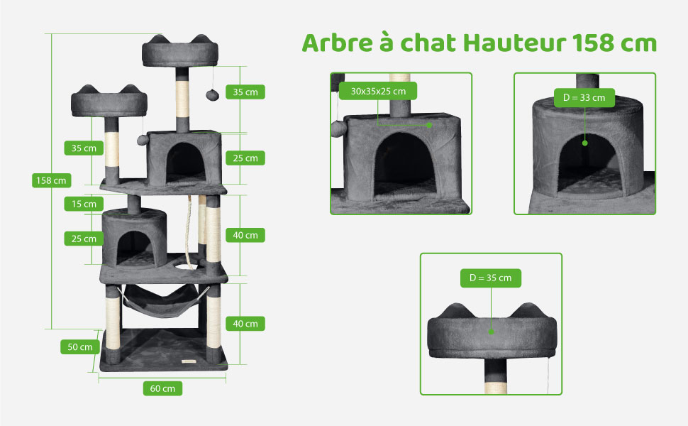 Arbre a chat, Griffoir pour chat, Perchoirs, Niches, Hamac, Balles, Colonnes en Sisal, Peluche, Multi-niveaux Tour, Hauteur 158 cm, gris foncé, PAITSY