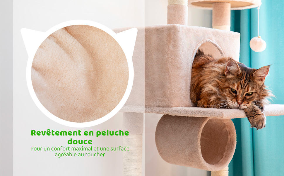 Arbre a chat XL, Griffoir pour chat, Perchoirs Niche Hamac Tunnel Balles, Colonnes en Sisal, Multi-niveaux Tour Peluche, Hauteur 150 cm, beige, PAITSY