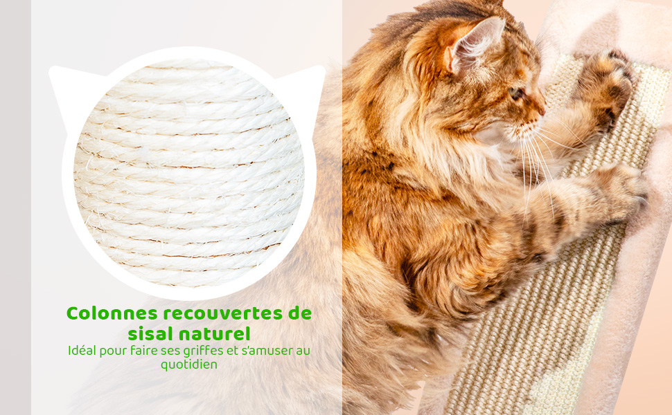 Arbre a chat XL, Griffoir pour chat, Perchoirs Niche Hamac Tunnel Balles, Colonnes en Sisal, Multi-niveaux Tour Peluche, Hauteur 150 cm, beige, PAITSY