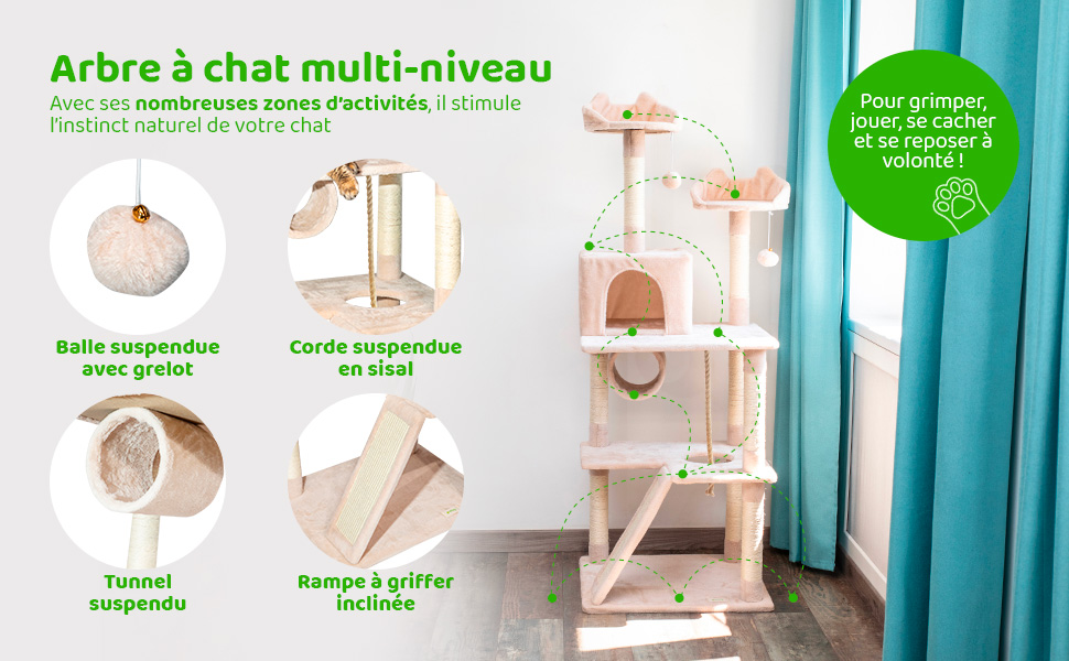 Arbre a chat XL, Griffoir pour chat, Perchoirs Niche Hamac Tunnel Balles, Colonnes en Sisal, Multi-niveaux Tour Peluche, Hauteur 150 cm, beige, PAITSY