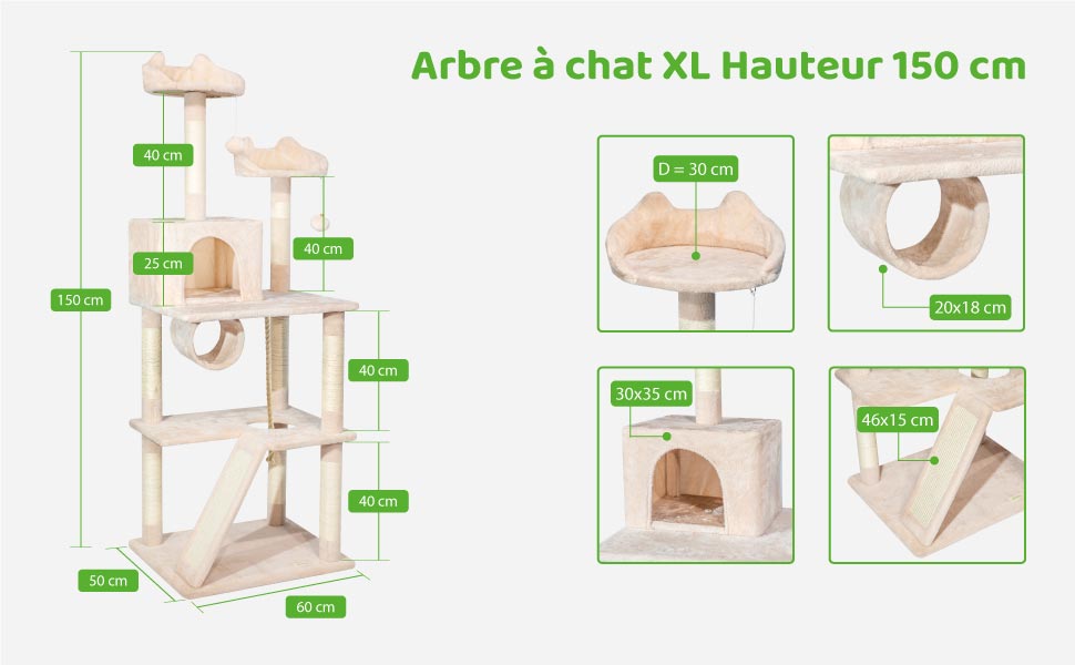 Arbre a chat XL, Griffoir pour chat, Perchoirs Niche Hamac Tunnel Balles, Colonnes en Sisal, Multi-niveaux Tour Peluche, Hauteur 150 cm, beige, PAITSY