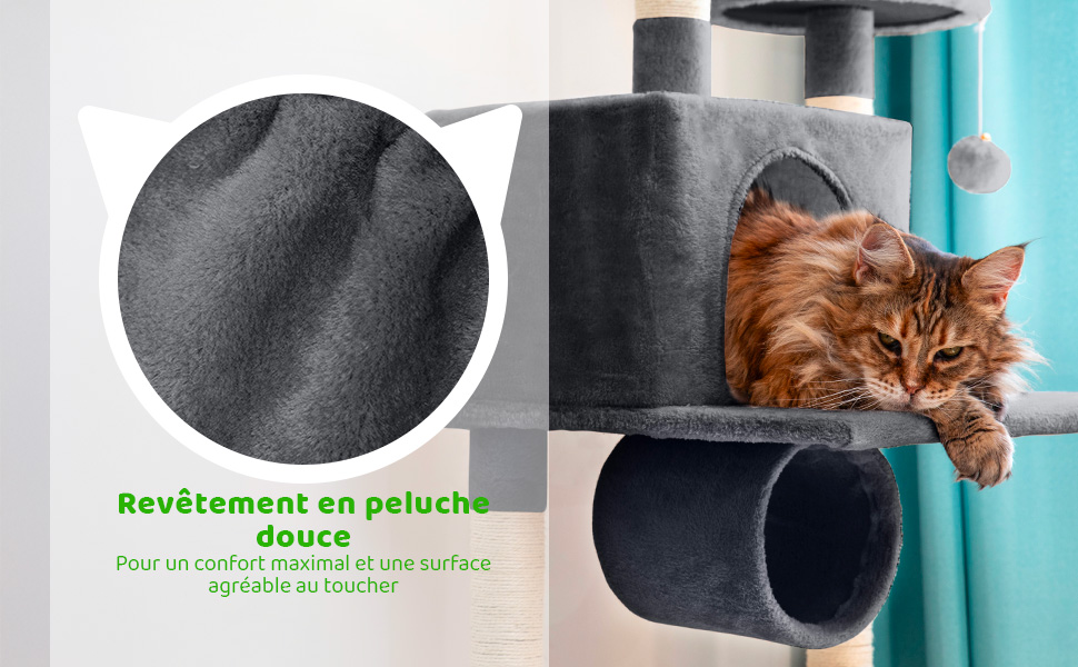 Arbre a chat XL, Griffoir pour chat, Perchoirs Niche Hamac Balles, Colonnes en Sisal, Multi-niveaux Tour Peluche, Hauteur 150 cm, gris foncé, PAITSY