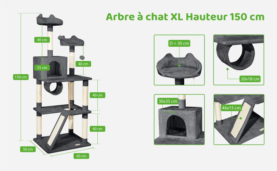 Arbre a chat XL, Griffoir pour chat, Perchoirs Niche Hamac Balles, Colonnes en Sisal, Multi-niveaux Tour Peluche, Hauteur 150 cm, gris foncé, PAITSY