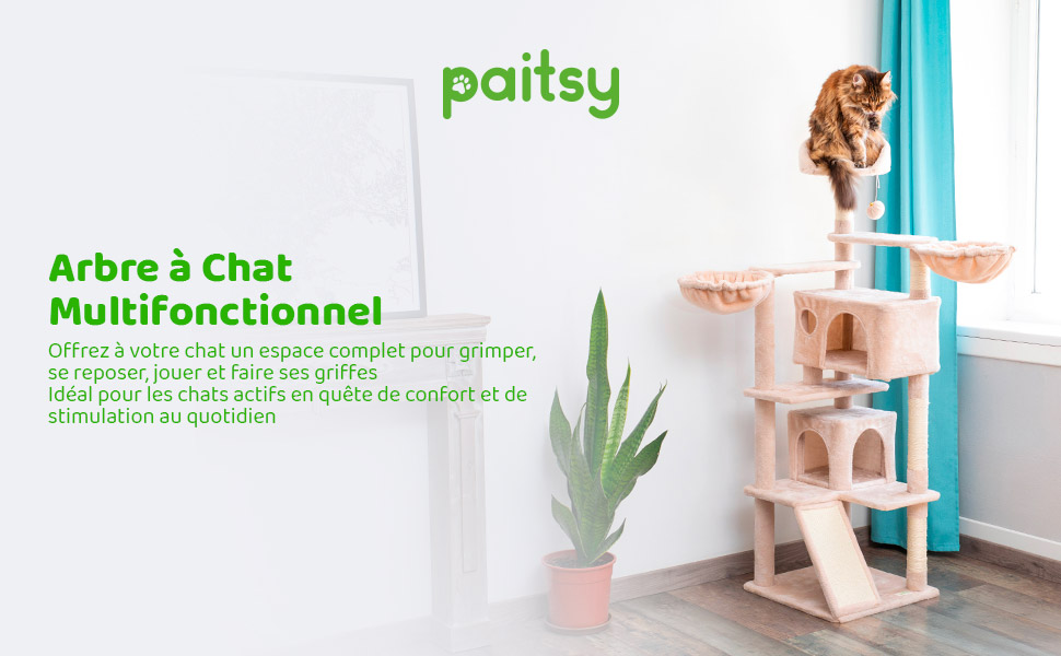 Arbre a chat, Griffoir pour chat, 1 Perchoir, 2 Niches, 1 Hamac, Balles, Colonnes en Sisal, Peluche, Multi-niveaux Tour, Hauteur 165 cm, beige, PAITSY