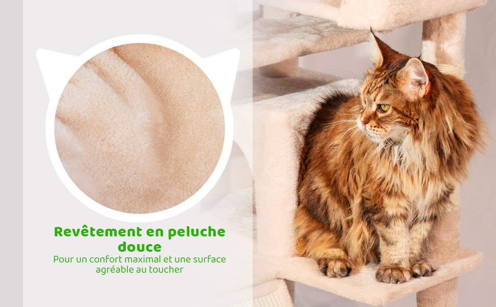 Arbre a chat, Griffoir pour chat, 1 Perchoir, 2 Niches, 1 Hamac, Balles, Colonnes en Sisal, Peluche, Multi-niveaux Tour, Hauteur 165 cm, beige, PAITSY