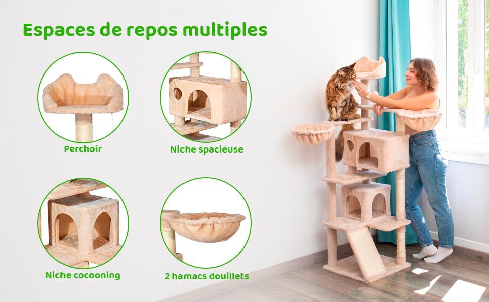 Arbre a chat, Griffoir pour chat, 1 Perchoir, 2 Niches, 1 Hamac, Balles, Colonnes en Sisal, Peluche, Multi-niveaux Tour, Hauteur 165 cm, beige, PAITSY