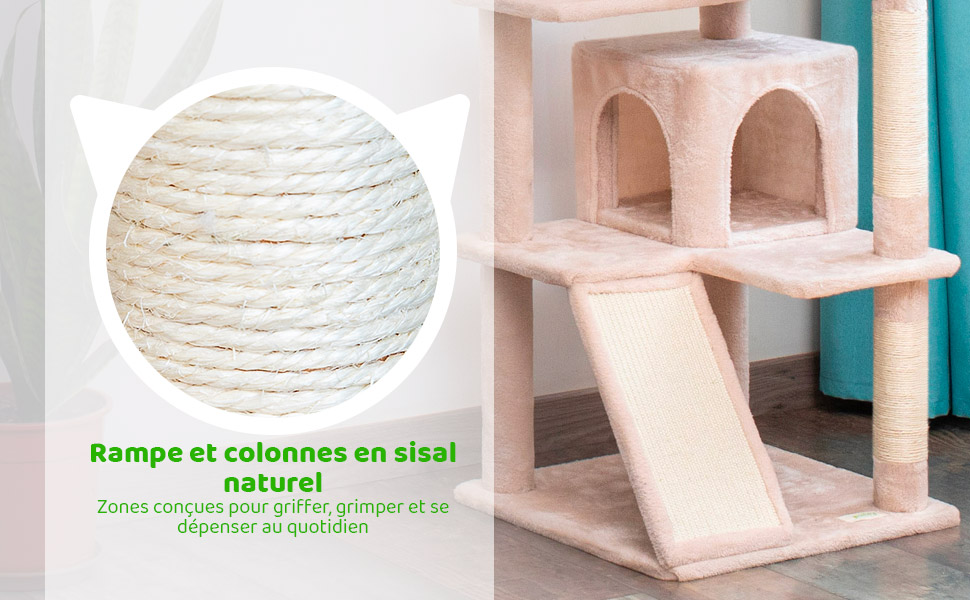 Arbre a chat, Griffoir pour chat, 1 Perchoir, 2 Niches, 1 Hamac, Balles, Colonnes en Sisal, Peluche, Multi-niveaux Tour, Hauteur 165 cm, beige, PAITSY
