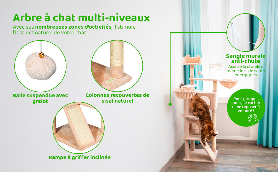 Arbre a chat, Griffoir pour chat, 1 Perchoir, 2 Niches, 1 Hamac, Balles, Colonnes en Sisal, Peluche, Multi-niveaux Tour, Hauteur 165 cm, beige, PAITSY