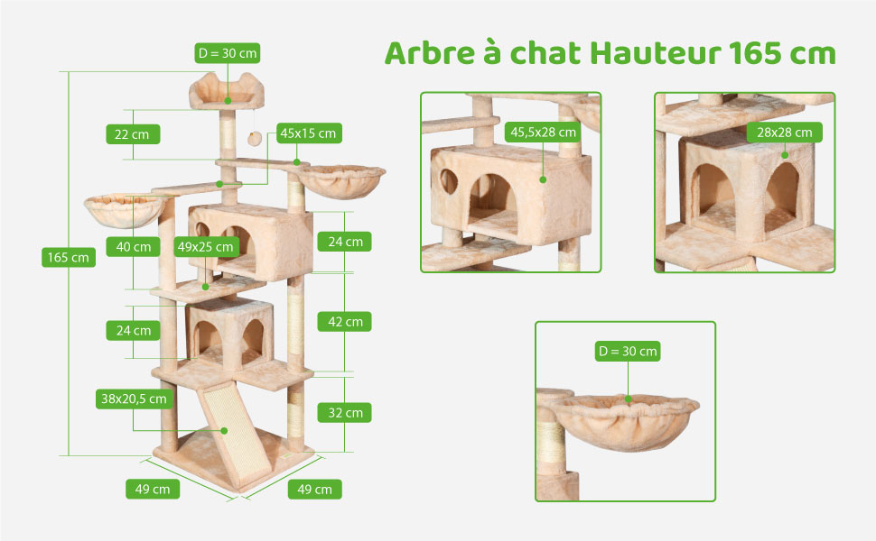 Arbre a chat, Griffoir pour chat, 1 Perchoir, 2 Niches, 1 Hamac, Balles, Colonnes en Sisal, Peluche, Multi-niveaux Tour, Hauteur 165 cm, beige, PAITSY