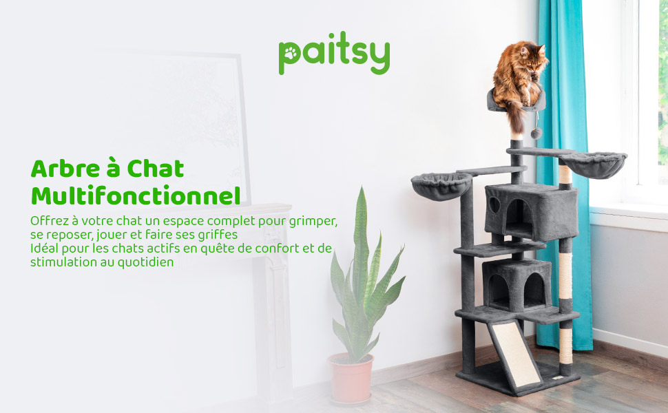 Arbre a chat, Griffoir pour chat, Perchoir, Niches, Hamac, Balles, Colonnes en Sisal, Peluche, Multi-niveaux Tour, Hauteur 165 cm, gris foncé, PAITSY