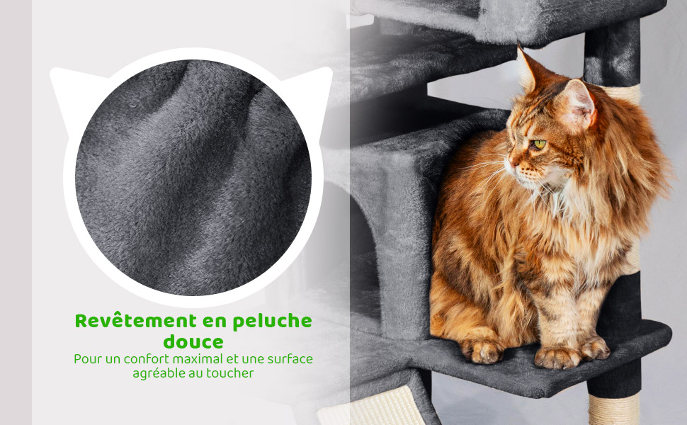 Arbre a chat, Griffoir pour chat, Perchoir, Niches, Hamac, Balles, Colonnes en Sisal, Peluche, Multi-niveaux Tour, Hauteur 165 cm, gris foncé, PAITSY