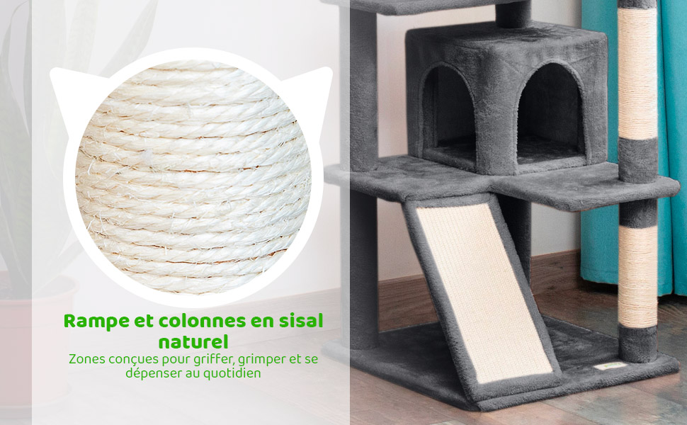 Arbre a chat, Griffoir pour chat, Perchoir, Niches, Hamac, Balles, Colonnes en Sisal, Peluche, Multi-niveaux Tour, Hauteur 165 cm, gris foncé, PAITSY