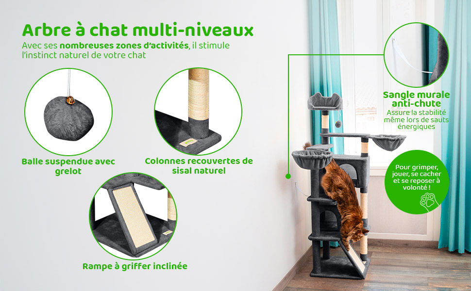 Arbre a chat, Griffoir pour chat, Perchoir, Niches, Hamac, Balles, Colonnes en Sisal, Peluche, Multi-niveaux Tour, Hauteur 165 cm, gris foncé, PAITSY
