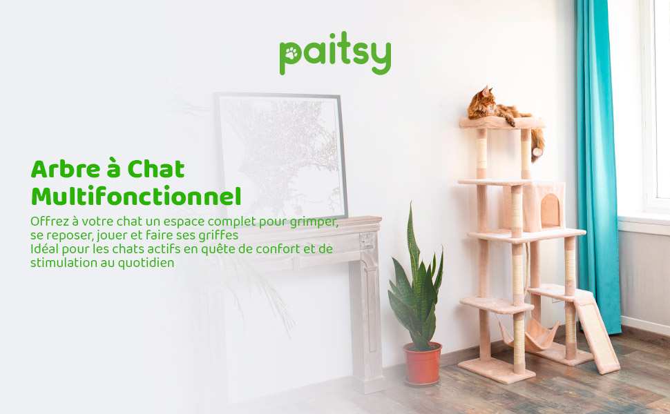 Arbre a chat XL, Griffoir pour chat, 1 Perchoir, 1 Niche, 1 Hamac, Balle, Colonnes en Sisal, Peluche, Multi-niveaux Tour Hauteur 160 cm, beige, PAITSY