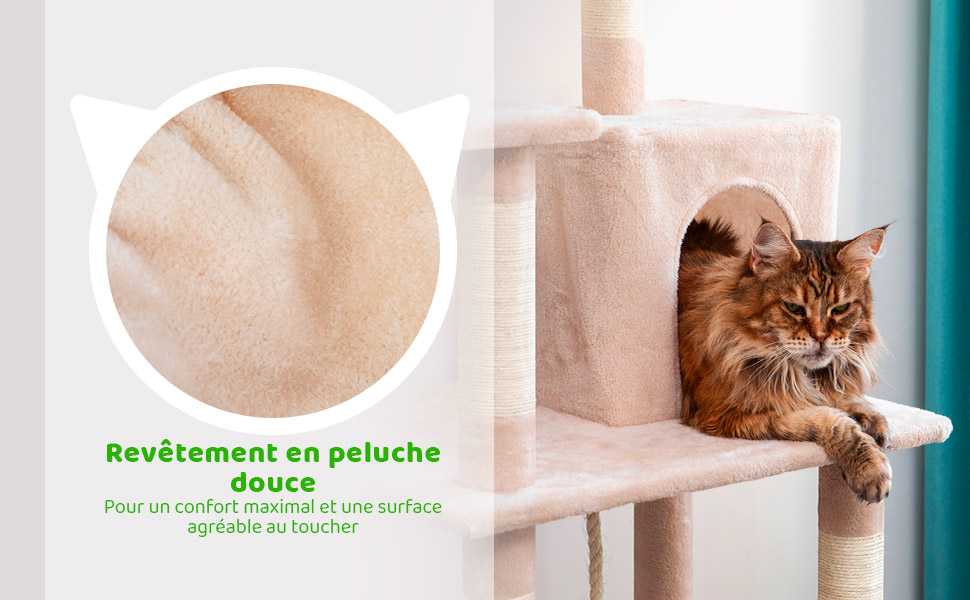 Arbre a chat XL, Griffoir pour chat, 1 Perchoir, 1 Niche, 1 Hamac, Balle, Colonnes en Sisal, Peluche, Multi-niveaux Tour Hauteur 160 cm, beige, PAITSY