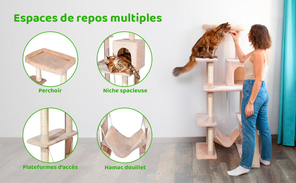 Arbre a chat XL, Griffoir pour chat, 1 Perchoir, 1 Niche, 1 Hamac, Balle, Colonnes en Sisal, Peluche, Multi-niveaux Tour Hauteur 160 cm, beige, PAITSY