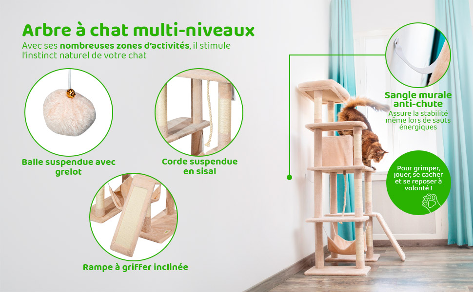 Arbre a chat XL, Griffoir pour chat, 1 Perchoir, 1 Niche, 1 Hamac, Balle, Colonnes en Sisal, Peluche, Multi-niveaux Tour Hauteur 160 cm, beige, PAITSY