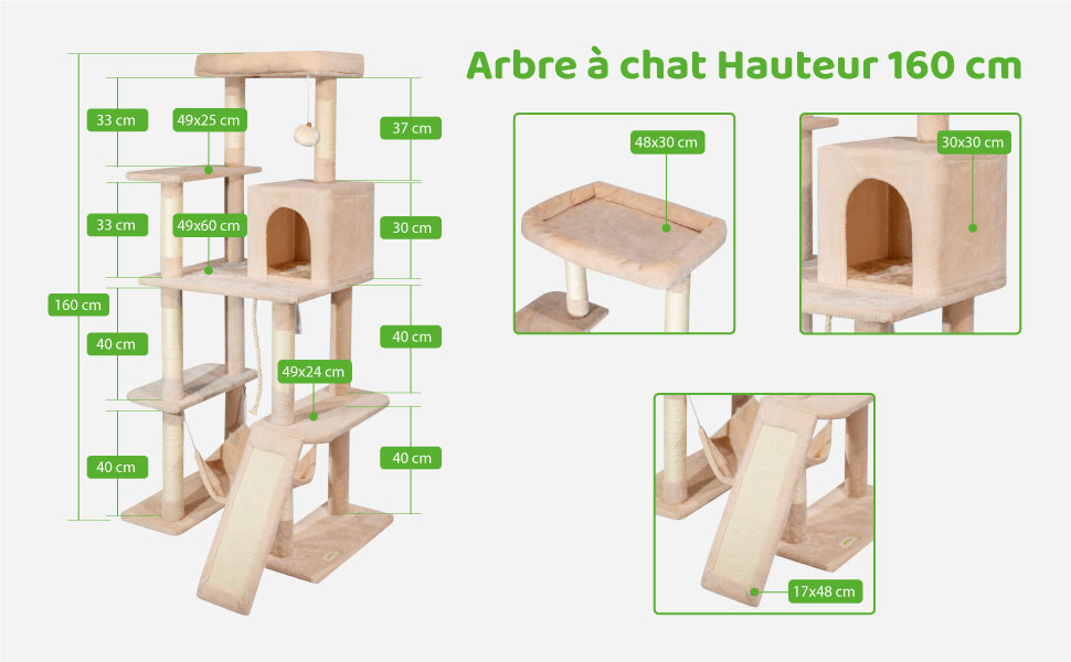 Arbre a chat XL, Griffoir pour chat, 1 Perchoir, 1 Niche, 1 Hamac, Balle, Colonnes en Sisal, Peluche, Multi-niveaux Tour Hauteur 160 cm, beige, PAITSY