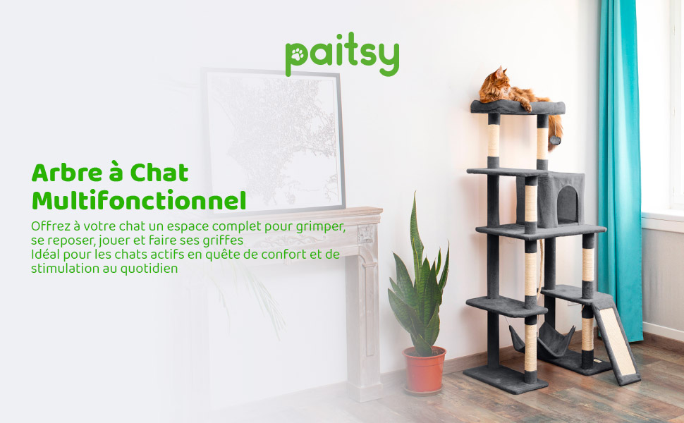Arbre a chat XL, Griffoir pour chat, Perchoir, Niche, Hamac, Balle, Colonnes en Sisal, Peluche, Multi-niveaux Tour Hauteur 160 cm, gris foncé, PAITSY