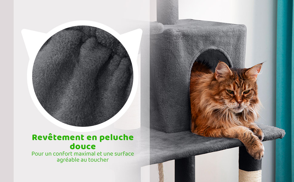 Arbre a chat XL, Griffoir pour chat, Perchoir, Niche, Hamac, Balle, Colonnes en Sisal, Peluche, Multi-niveaux Tour Hauteur 160 cm, gris foncé, PAITSY