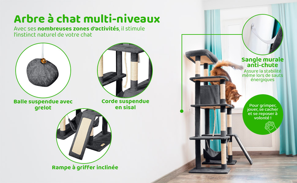 Arbre a chat XL, Griffoir pour chat, Perchoir, Niche, Hamac, Balle, Colonnes en Sisal, Peluche, Multi-niveaux Tour Hauteur 160 cm, gris foncé, PAITSY