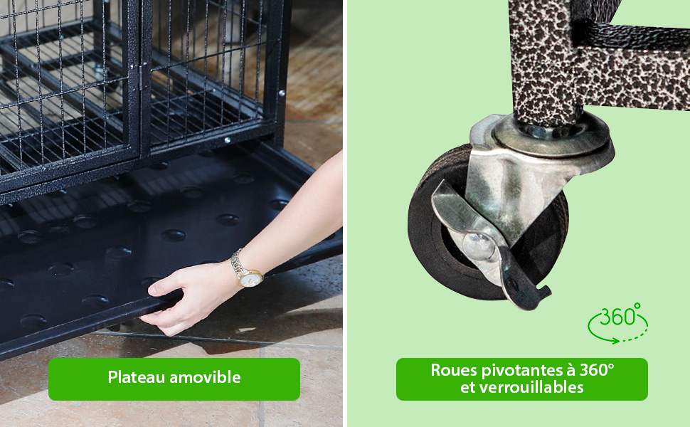 Cage pour chien intérieur et extérieur MouvedyL, 94x64x76cm, caisse de transport, roues verrouillables, pliable, 2 portes, plateau amovible, Paitsy