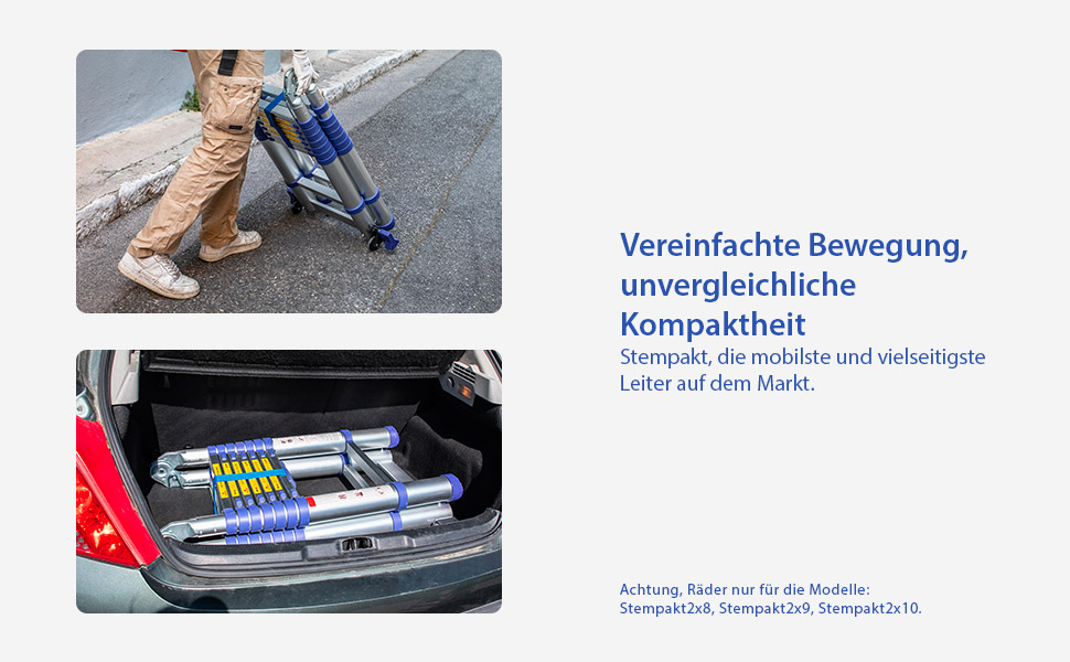 Teleskopische, gelenkige Aluminiumleiter 5 m (2,5 + 2,5) Stempakt Hostrom, leicht, kompakt und faltbar, maximale Arbeitshöhe 5,9m, maximale Belastung 150 kg, 5 Jahre Garantie